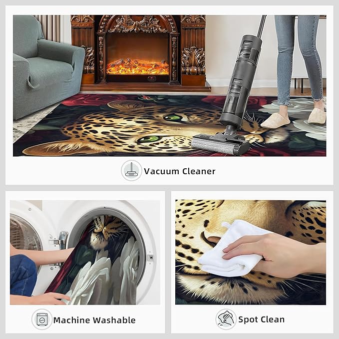 Leopard Rugs for Bedroom - 5x6 Area Rug - Flowers Leopard Rugs for Living Room, 3D Flowers Animal Rug, Washable Home Decor Carpet