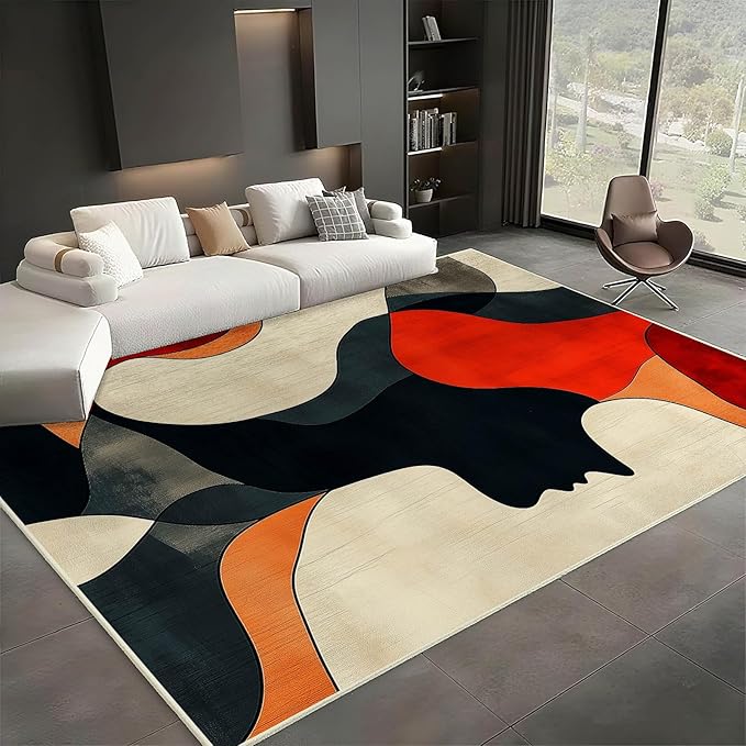 8x13 Abstract Rug, Abstract Area Rug, Geometric Area Rugs, Modern Geometric Rugs, Minimalist Face Carpet, Contemporary Carpet for Living Room, Non Slip & Faux Cashmere Low Pile