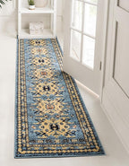 Unique Loom Taftan Collection Border Geometric Tribal Inspired Design Area Rug (3' 0 x 16' 5 Runner, Light Blue/ Gold)