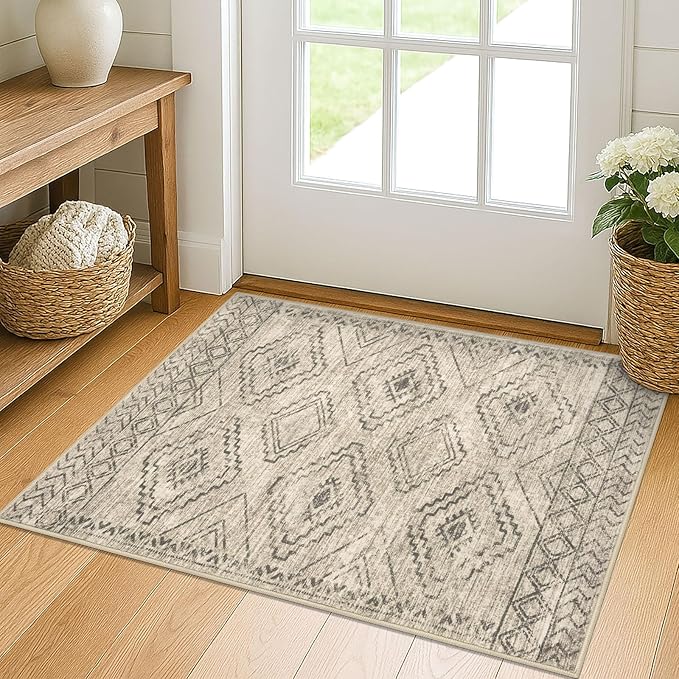 KILOCOCO Boho Entryway Rug 2x3 Printed Small Area Rug Indoor Door Mat Machine Washable Kitchen Rugs Super Soft Non Slip Throw Rugs for Entrance Geometric Laundry Room, Beige/Gray/Green
