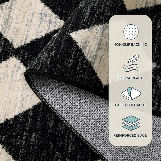 Lahome Moroccan Trellis Area Rug - 3x5 Washable Black Entry Rug Non Slip Living Room Mat, Distressed Lattice Soft Stain Resistance Indoor Throw Carpet for Front Door Foyer Bedroom Bathroom