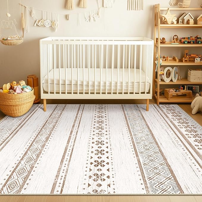 BESTSWEETIE 5x7 Area Rugs for Living Room Washable Moroccan Farmhouse Neutral Geometric Low Pile Non-Slip Soft Print Pattern Rug for Bedroom Kitchen Dining Room Entryway Cream/Brown/Pink