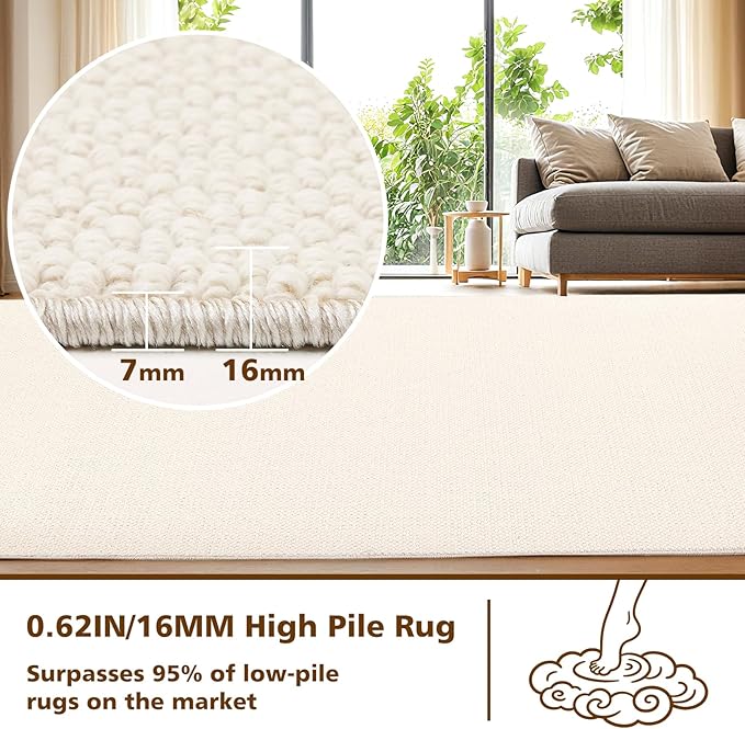 ANSSO Wool Area Rugs 9x12 Living Room,80% Merino Wool and 20% Cotton Soft Tufted Area Rug with Cotton Non-Slip Backing,Large Area Rug for Bedroom Bedroom, Dining and Home Office (Cream White)