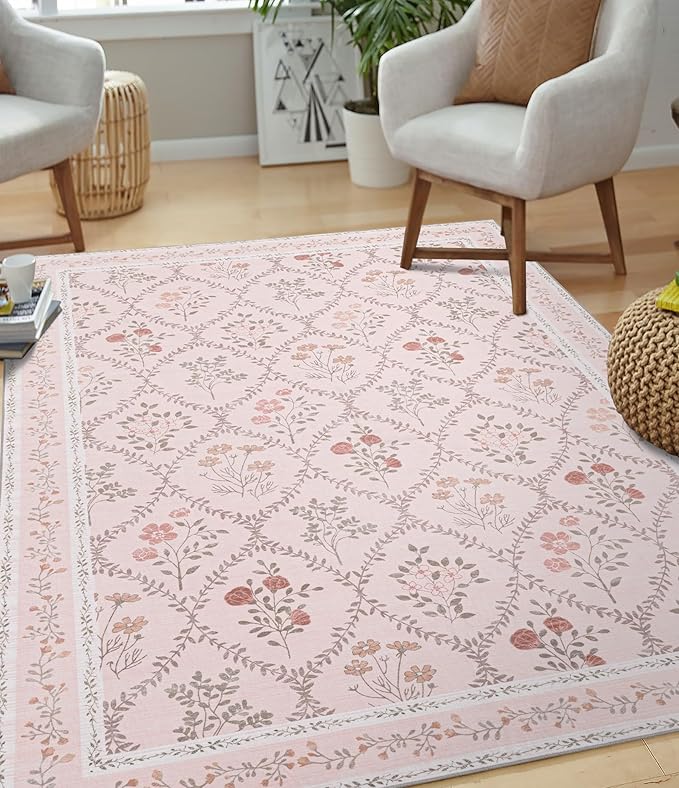 YIHOUSE Pink Floral Print Rugs, Moroccan Trellis 10x14 Washable Large Rug, Modern Pastel Non Slip Ultra-Thin Area Rug for Classroom, Nursery Playroom,Dorm,Bedroom,Living Room, Pink Multi