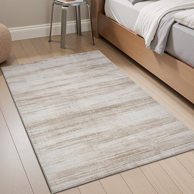 PADOOR Modern Abstract Area Rug - 3x5 Washable Rugs Non-Slip Small Carpet, Ultra Soft Low Pile Floor Rugs for Entrance Front Door Bedroom Bedside Laundry Room Brown