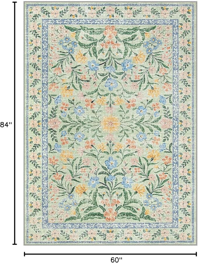 Morebes Washable Area Rugs 5x7 for Living Room, Boho Floral Green and Pink Nursery Rug Non Slip, Soft Vintage Flower Indoor Floor Carpet for Bedroom Dining Room, Sage Green