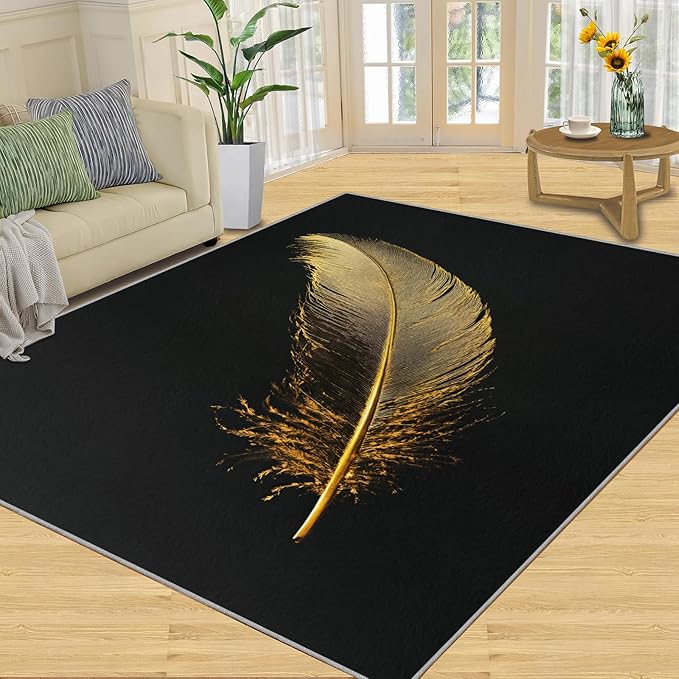 Golden Feathers Rugs for Bedroom - 3x5 Area Rug - Black Gold Feathers Rugs for Living Room, Modern Minimalist Art Rug, Washable Home Decor Carpet