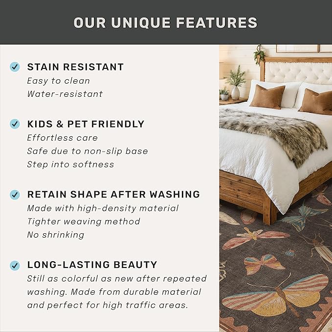 2'6"x8' 8ft Long Hallway Runner Rug, Stain Resistant Non-Slip Kitchen Floor Mats, Boho Front Door Rug Indoor Entrance, Whimsical Insect Moth Décor, Low Pile & Soft (Orange and Brown)