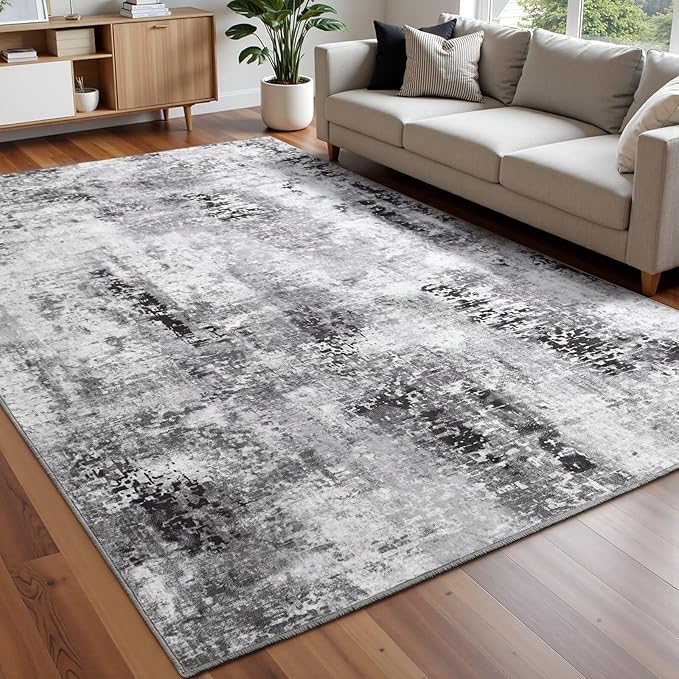 Washable Abstract Rug, 6x9 Modern Area Rugs with Non-Slip Rubber Backed for Living Room, Thin but Soft Contemporary Carpet Kitchen Bedroom Dining Room Decor, Dark Grey