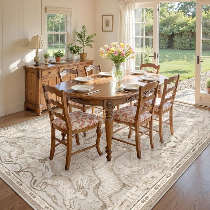 Lahome Boho Animal 6x9 Washable Living Room Area Rugs, Beige Soft Rugs for Bedroom, Botanical Large Boho Non Slip Dining Room Carpet for Under Table Office Kids Playroom (6x9ft,Beige)