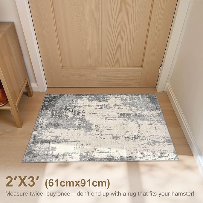 2x3 Entryway Area Rug: Washable Neutral Modern Abstract Small Rug - Non-Slip Low Pile Throw Indoor Carpet for Entrance Kitchen Front Door Mat Bathroom Entry Kids Room - Grey/Light Brown