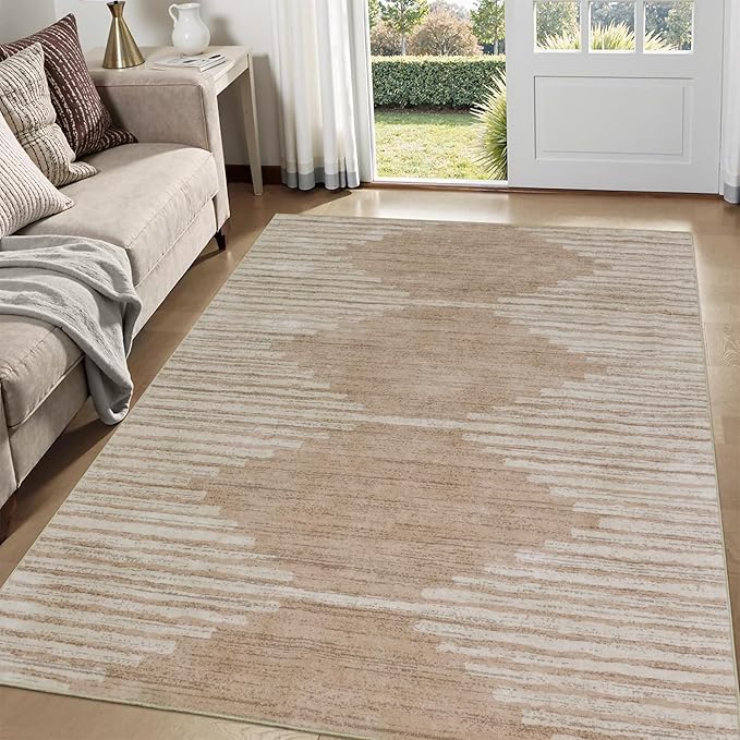 HelloTree Area Rug 3x5 Geometric Rug,Washable Modern Neutral Stain Resistant Indoor Carpet Boho Living Room Moroccan Rugs Fluffy Rug for Living Room Bedside Room Decor for Family-Pink&Khaki