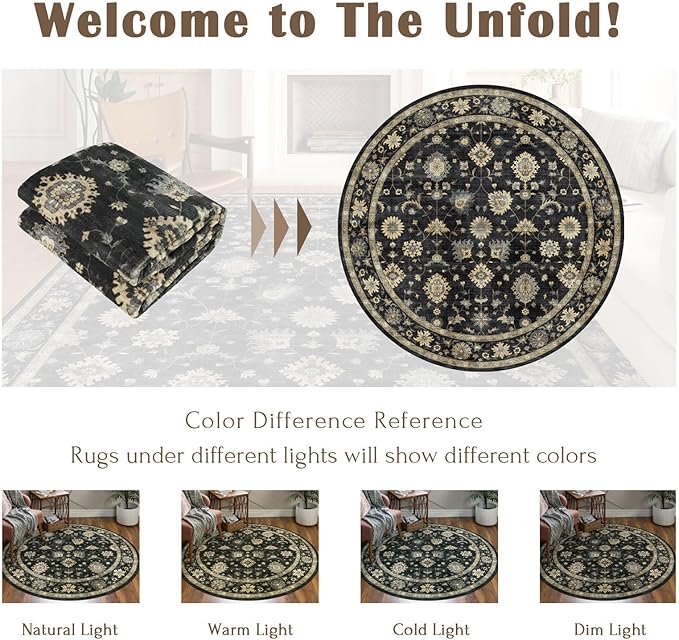 Washable Round Area Rug 8ft - Charcoal Black Traditional Floral Living Room Circle Rug 8x8 Non-Slip Farmhouse Dining Room Carpet Soft Vintage Boho Round Rugs for Bedroom Office Entryway