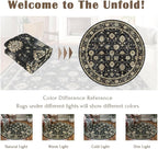 Washable Round Area Rug 8ft - Charcoal Black Traditional Floral Living Room Circle Rug 8x8 Non-Slip Farmhouse Dining Room Carpet Soft Vintage Boho Round Rugs for Bedroom Office Entryway