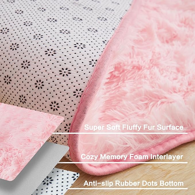 Andency Pink Soft Area Rugs for Living Room Bedroom, 3x5 Non-Slip Fluffy Shag Carpet, Indoor Floor Fuzzy Shaggy Living Room Plush Rug for Kids Dorm Nursery Home Decor Aesthetic