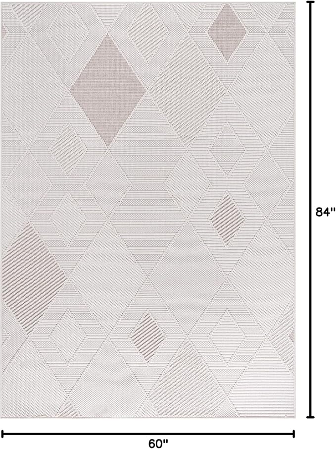 CAMILSON Micro Loop Rug 5x7 Modern Luxury Geometric Diamond Trellis Area Rugs Soft High and Low Pile Stain Resistant Easy-Cleaning Non-Shedding for Living Room Office Indoor Carpet (5 x 7 White-Beige)