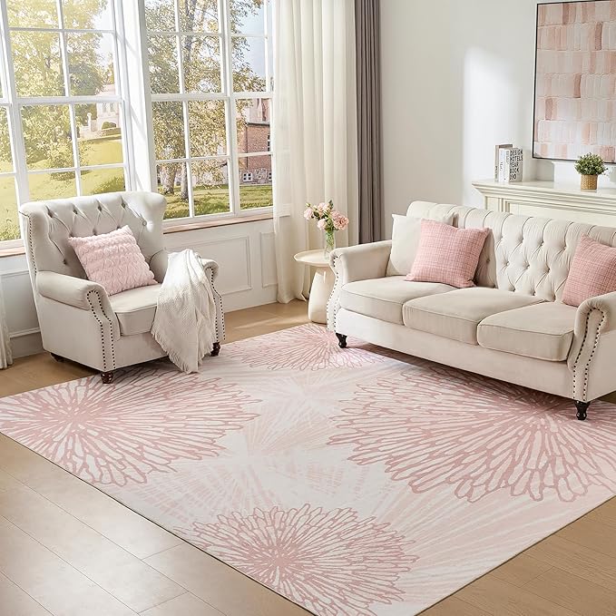 WITSHOCK Pink Rugs 6x9 for Bedroom Girls,Floral Modern Distress Print Pattern Carpet for Living Room Dining Room,Stain Resistant Anti Slip Backing Rugs for Kids Room Nursery Playroom,Light Pink