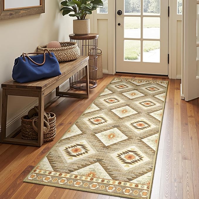 Area Rug 2x5 Rug Machine Washable Non-Slip Low Pile Print Pattern Western Rug for Living Room Bedroom Entryway Tribal Series-Cream/Camel