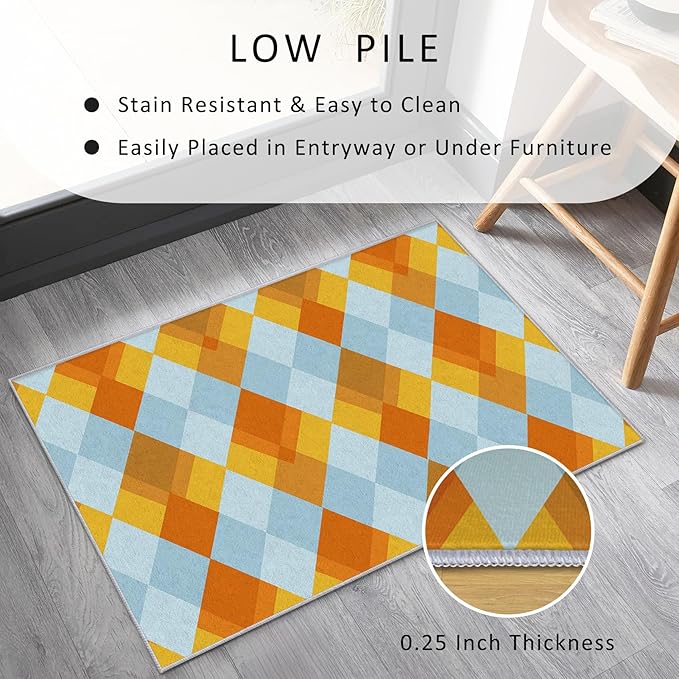 Washable 6x6 Diamond Rug Living Room, Geometric Orange and Blue Plaid Design Area Rugs for Bedroom, Diamond Home Decor Carpet, Low Pile, Non Slip, Kids & Pet Friendly (N4144)