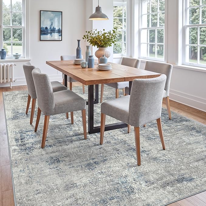 DEXI 9x12 Area Rug for Living Room, Modern Abstract Thin Washable Rug Indoor Floor, Non Slip Stain Resistant Low Pile Carpet for Dining Room Bedroom Office, Blue