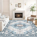 Washable 5×7 Area Rug for Living Room, Vintage Floral Rug Soft Non Slip Stain Resistant Boho Carpet for Indoor Bedroom Dinning Room Home Office Blue/Ivory