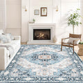 Washable 8×10 Area Rug for Living Room, Vintage Floral Rug Soft Non Slip Stain Resistant Boho Carpet for Indoor Bedroom Dinning Room Home Office Blue/Ivory