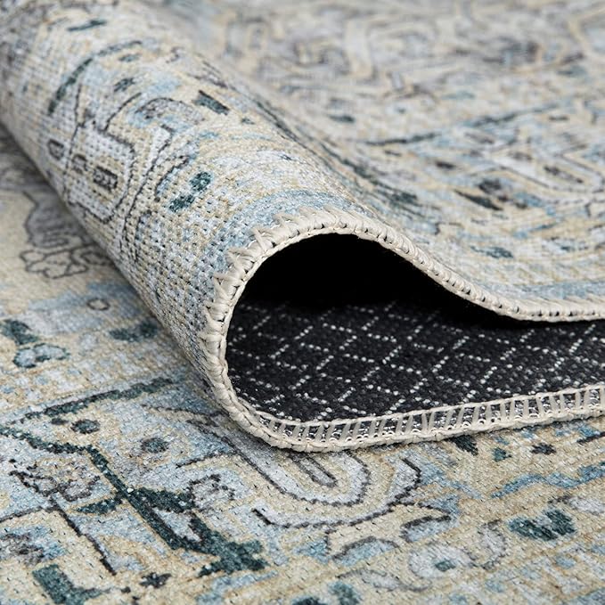 Bloom Rugs Washable Non-Slip 5' x 7' Rug - Cream/Light Blue/Teal Traditional Medallion Area Rug for Living Room, Bedroom, Dining Room, and Kitchen - Exact Size: 5' x 7'