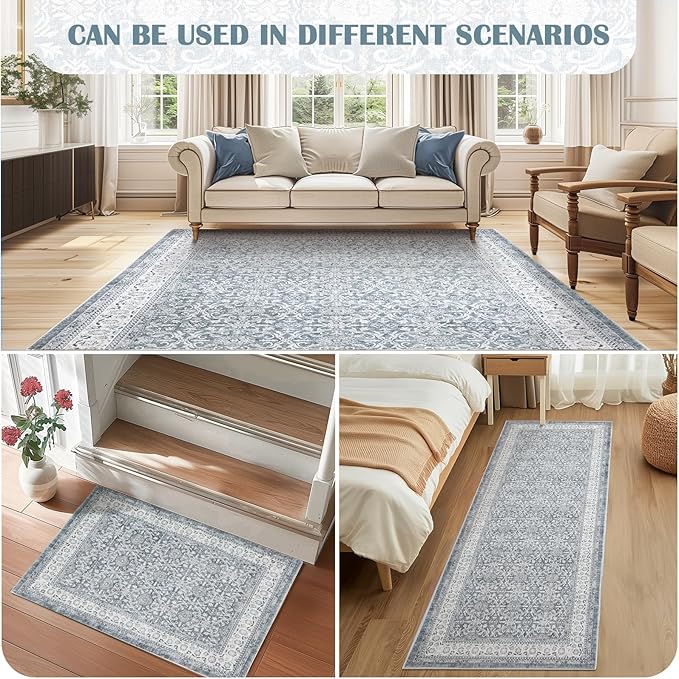 jinchan Floral 2x3 Rugs for Entryway - Machine Washable Grey Vintage Distressed Boho Design Soft Faux Wool Small Non-Slip Doormat for Entrance Kitchen Living Room Bedroom Farmhouse (2‘x3', Grey)