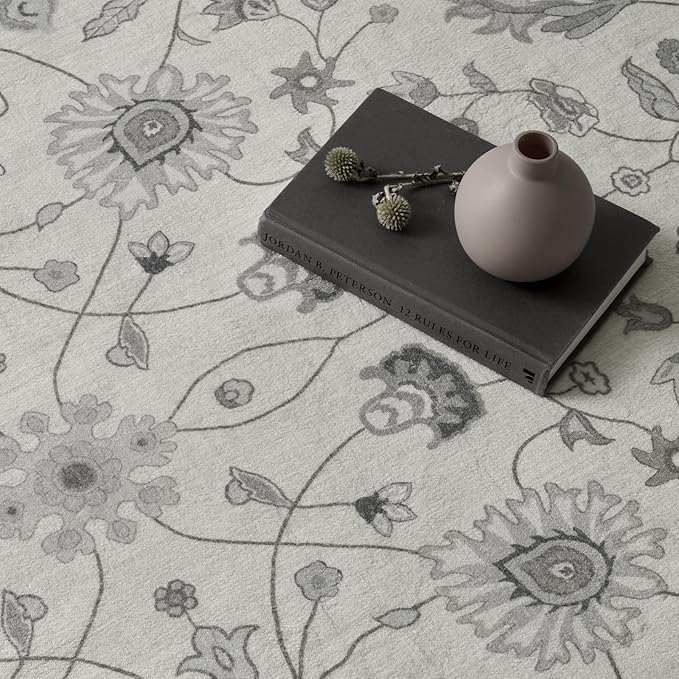 EVERGRACE Area Rugs for Living Room 4x6, Boho Floral Faux Wool Indoor Outdoor Rugs, Washable Rugs for Bedroom Entryway Dining Room Hallyway, Low Pile Floor Mat Carpet for Home Decor, Cool Gray