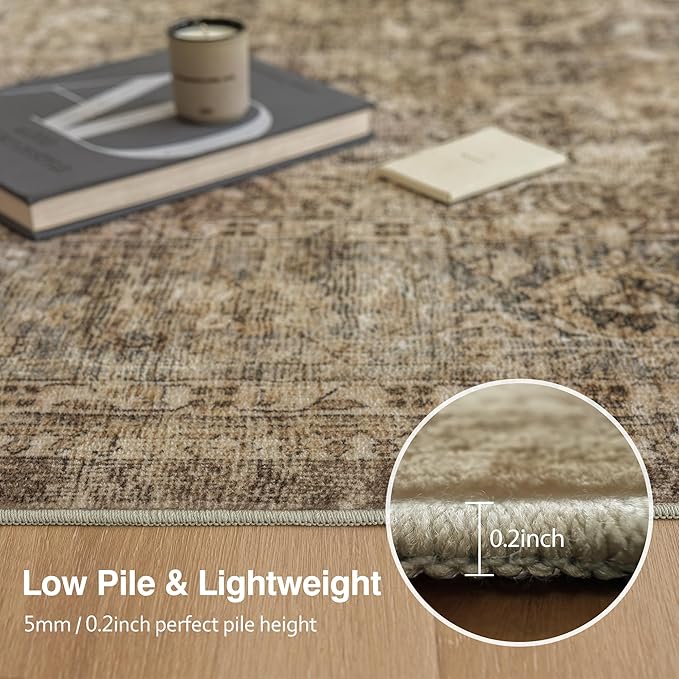 Fmfunctex 3x7 Runner Rug Brown Washable Vintage Neutral Distressed Non Slip Low Pile Indoor Carpet Soft Retro Floral Hallway Entryway Rug for Kitchen Living Room Bedroom Bathroom Laundry Entry Bedside