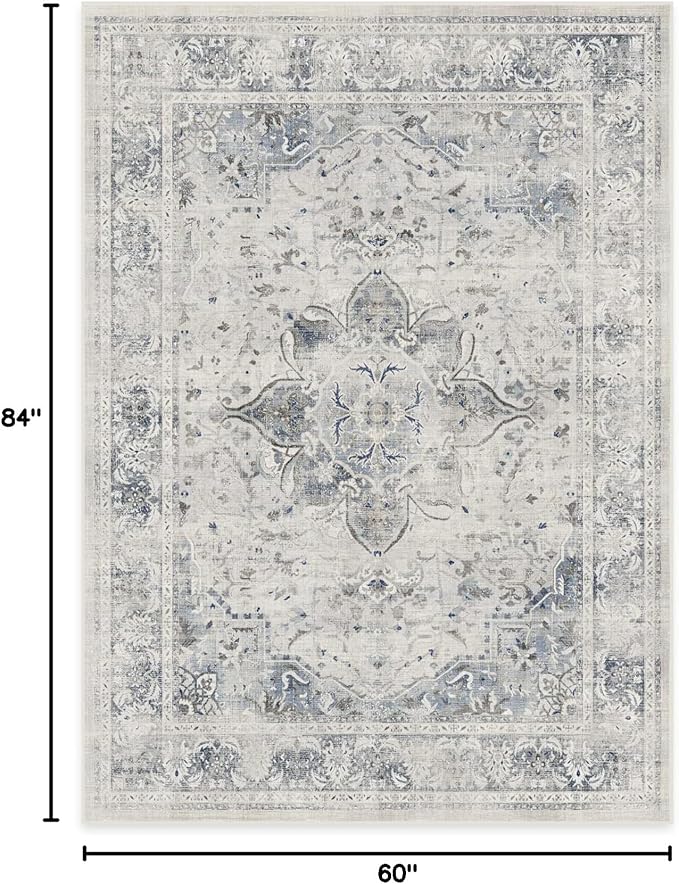 RUGGABLE Washable Vintage Area Rug – Sarrah Blue Quartz 5x7, Stain-Resistant, Non-Slip – Medium Machine Washable Rugs for Living Room, Bedroom, Hallway, Entryway & Office–with Standard Pad