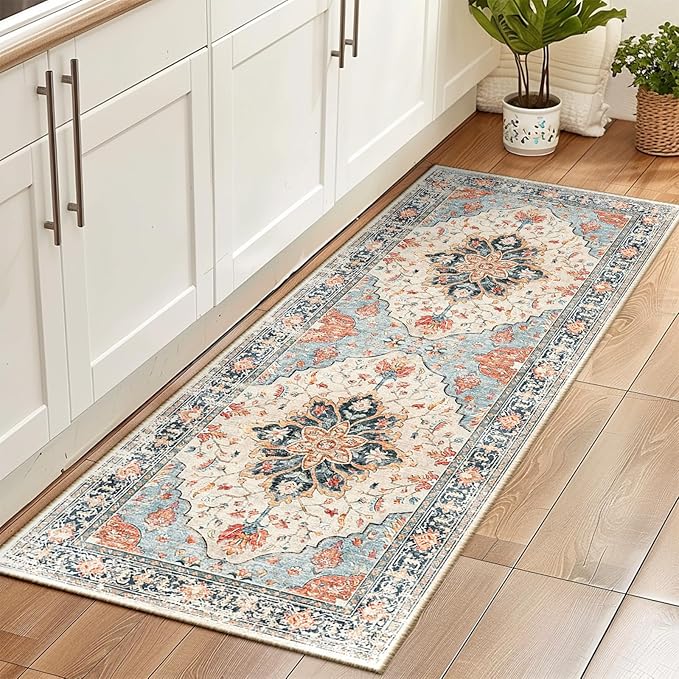 Area Rugs 2'x6' Washable Non-Slip, Floral Vintage Distress Print Pattern Medallion Carpet for Living Room Bedroom Dining Room, Beige Navy Blue Orange Colorful