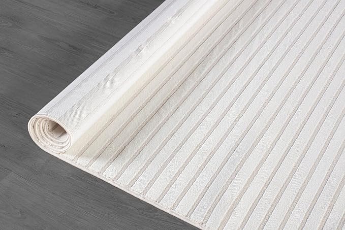 Beverly Rug Modern Geometric Area Rug 6x9 Low-High Pile Durable Soft Abstract Striped Indoor Rugs for Living Dining Room Office Stain Resistant Non Shedding Casual Indoor Carpet Beige White 6 x 9