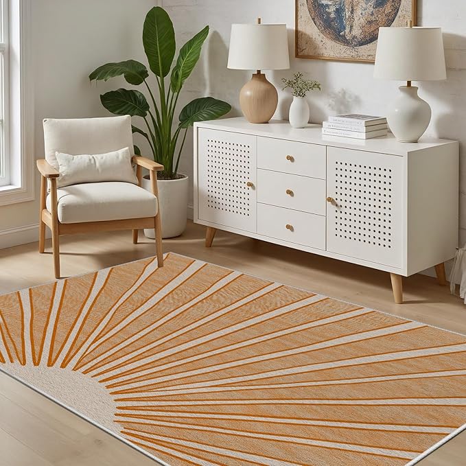 Boho Sun Print Area Rug for Living Room 5x6, Modern Abstract Non-Slip Washable Rugs, Soft Stripe Minimalism Carpet for Bedroom, Nursery, Entryway, Dining Room & Office Decor, Orange White