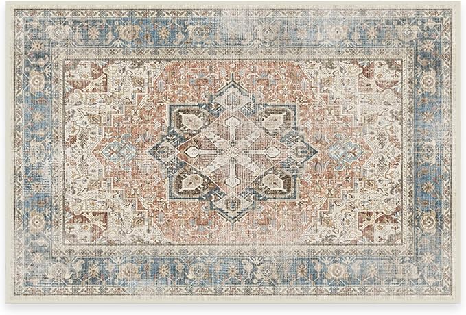 RUGGABLE Washable Vintage Area Rug – Kamran Coral 3x5, Stain-Resistant, Non-Slip – Small Machine Washable Rugs for Living Room, Bedroom, Hallway, Entryway & Office–with Cushioned Pad