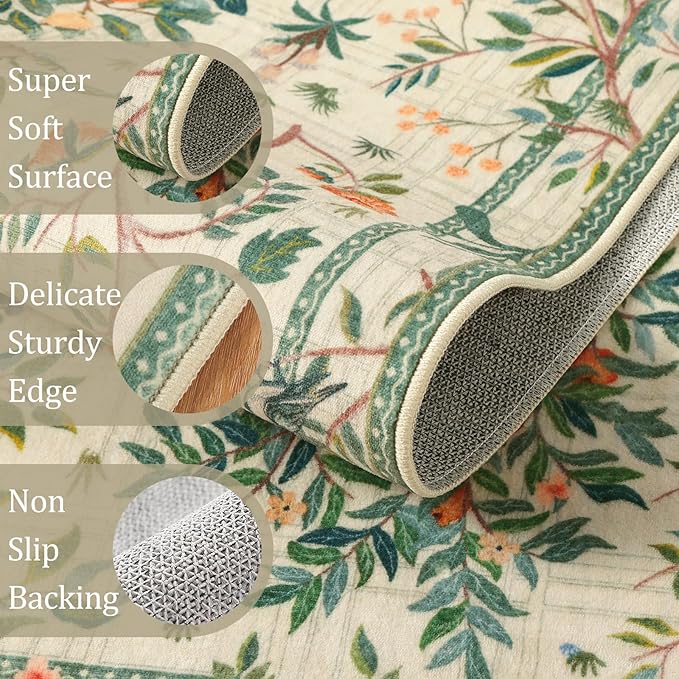 Morebes Washable 5x7 Sage Green Area Rug for Bedroom, Boho Floral Kids Room Rug Non Slip, Soft Flower Low-Pile Indoor Floor Throw Carpet for Dining Room Bedroom Home Office Playroom