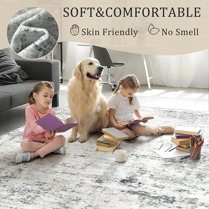 8x10 Machine Washable Area Rug for Living Room, Grey Modern Vintage Abstract Rug Large Non-Slip Low Pile Soft Faux Wool Carpet, Kids and Pets Friendly for Bedroom Dining Room Farmhouse Home Decor Rug