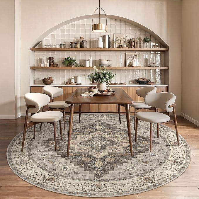 Tangsoo Vintage Round Rug 5ft, Washable Circle Rug, Non Slip Boho Round Area Rug, Low Pile Circular Rugs, Round Carpet for Bedroom,Livingroom,Nursery,Dorm,Office,Grey/Multi