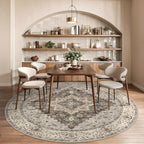 Tangsoo Vintage Round Rug 5ft, Washable Circle Rug, Non Slip Boho Round Area Rug, Low Pile Circular Rugs, Round Carpet for Bedroom,Livingroom,Nursery,Dorm,Office,Grey/Multi