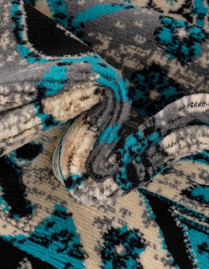Unique Loom Taftan Collection Border Geometric Tribal Inspired Design Area Rug, 2 ft 7 in x 10 ft, Turquoise/Gray