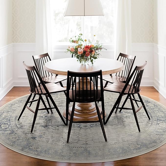 RUGGABLE Washable Vintage Area Rug – Kamran Blue Quartz 6 ft Round, Stain-Resistant, Non-Slip – Medium Machine Washable Rugs for Living Room, Bedroom, Hallway, Entryway & Office–with Standard Pad