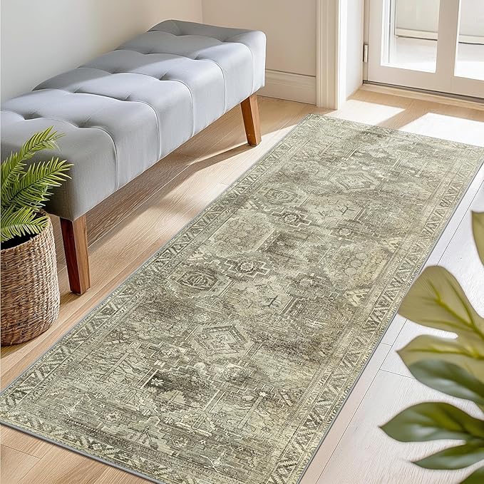 Bavni Runner Rug 2x5, Low Pile Machine Washable Rugs for Hallways, Kitchen, Bedroom, Non Slip Aesthetic Vintage Distressed Print Lightweight Durable Chenille 2x5 Mat, Forgotten Sandstone
