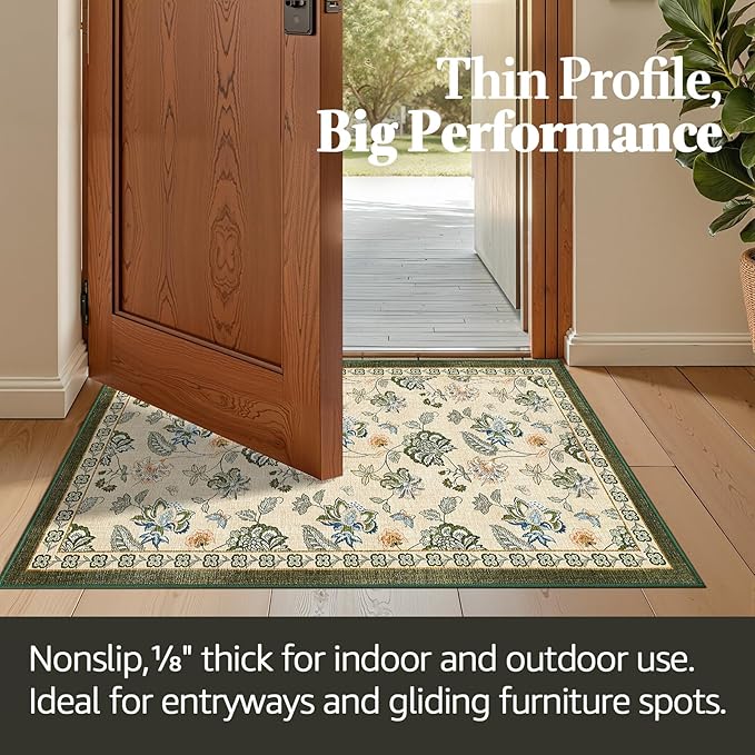 jinchan Elora 3x5 Floral Rug for Entryway Washable Kitchen Rug Vintage Romance Design Small Mat Non Slip Indoor Doormat Lightweight Low-Profile Throw Carpet for Bathroom Laundry Room, Green/Beige
