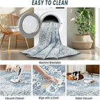 8x10 Area Rugs Washable Rugs for Living Room, Large Vintage Boho Rug Non-Slip Soft Floral Distressed Rug Low Pile Stain Resistant Carpet for Bedroom Nursery Office Dining Room Farmhouse(Blue, 8'x10')