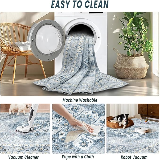 5x7 Area Rugs Washable Rugs for Living Room, Vintage Boho Rug Non-Slip Soft Floral Distressed Rug Low Pile Stain Resistant Carpet for Bedroom Nursery Office Dining Room Farmhouse Dorm(Blue, 5'x7')