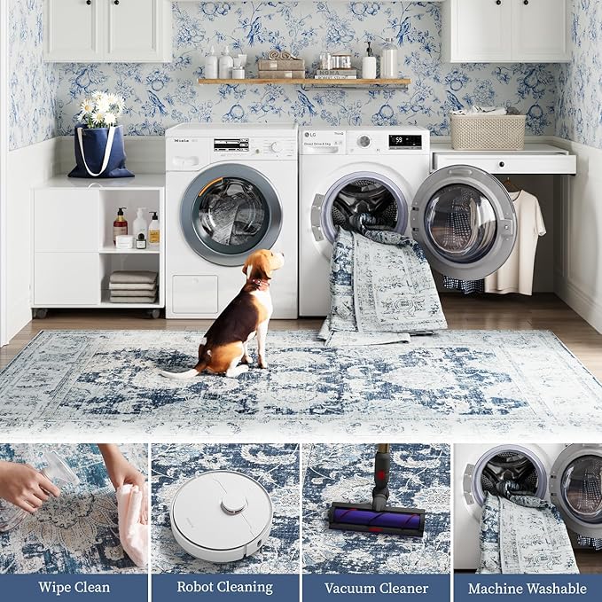 jinchan Fiora Runner Rug 3x10-2pcs Kitchen Washable Vintage Hallway Rug Floral Print Floor Cover Indoor Thin Retro Mat Accent for Bathroom Laundry Room Bedroom Office Farmhouse (Double, Dark Blue)