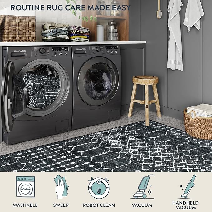 Lahome Moroccan Black 9x12 Rug for Living Room, Washable Non-Slip Ultra-Thin Stain Resistant Area Rug for Dining Room Table, Geometric Print Modren Indoor Carpet for Bedroom Office