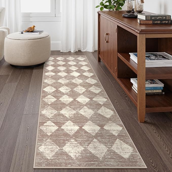 Lahome Moroccan Treills Runner Rug - 2x6 Beige Washable Rug Runner Carpet Runners for Hallway 6ft Non Skid, Checkered Faux Wool Long Kitchen Bathroom Non Skid Runners for Bedroom Hallway Entryway