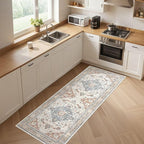 Runner Rug Kitchen Washable Rugs: 3x10 Non-Slip Boho Vintage Distressed Stain Resistant Indoor Neutral Farmhouse Throw Carpet for Hallway Bathroom Laundry Room Entryway Bedroom- Beige Blue