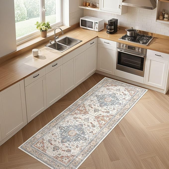 Runner Rug Kitchen Washable Rugs: 3x10 Non-Slip Boho Vintage Distressed Stain Resistant Indoor Neutral Farmhouse Throw Carpet for Hallway Bathroom Laundry Room Entryway Bedroom- Beige Blue